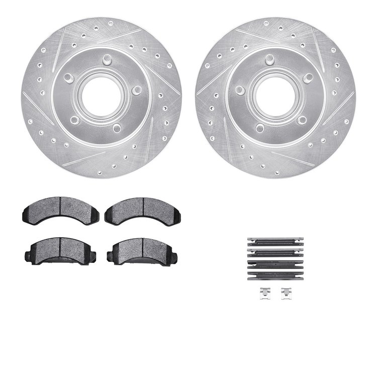 7512-54061 Drilled/Slotted Brake Rotors w/5000 Advanced Brake Pads Kit & Hardware [Silver], 1993-1994 Ford/Lincoln/Mercury/Mazda