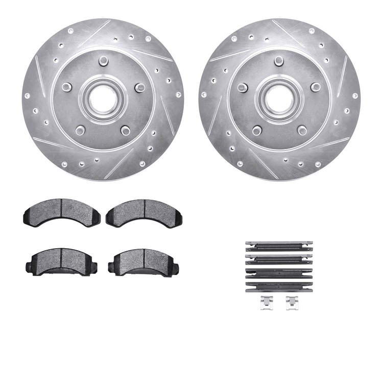 7512-54062 Drilled/Slotted Brake Rotors w/5000 Advanced Brake Pads Kit & Hardware [Silver], 1991-1994 Ford/Lincoln/Mercury/Mazda