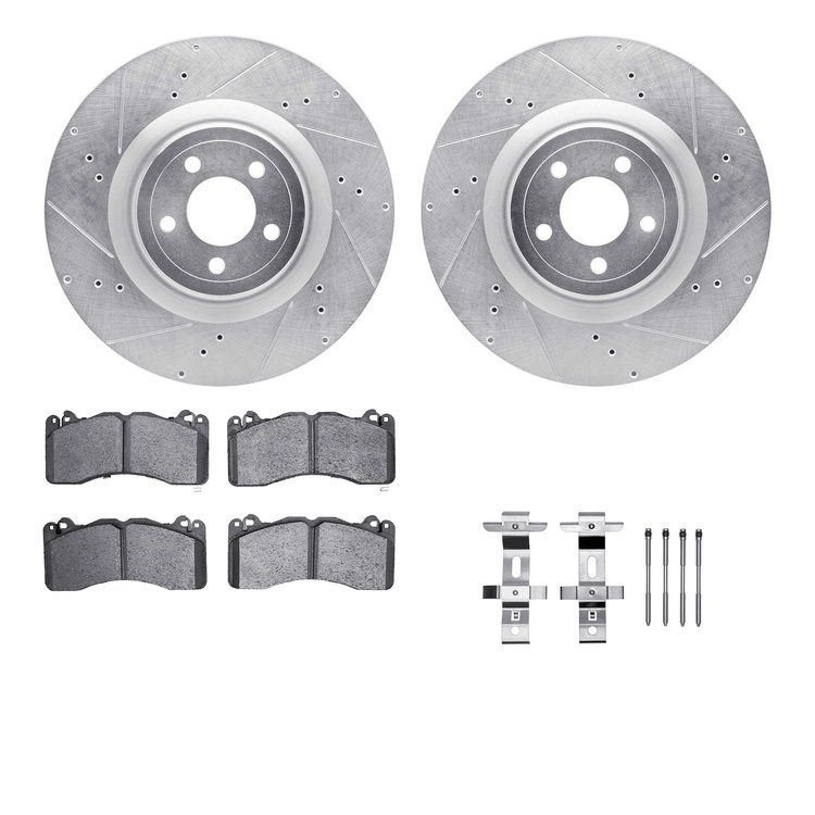 7512-54085 Drilled/Slotted Brake Rotors w/5000 Advanced Brake Pads Kit & Hardware [Silver], Fits Select Ford/Lincoln/Mercury/Maz