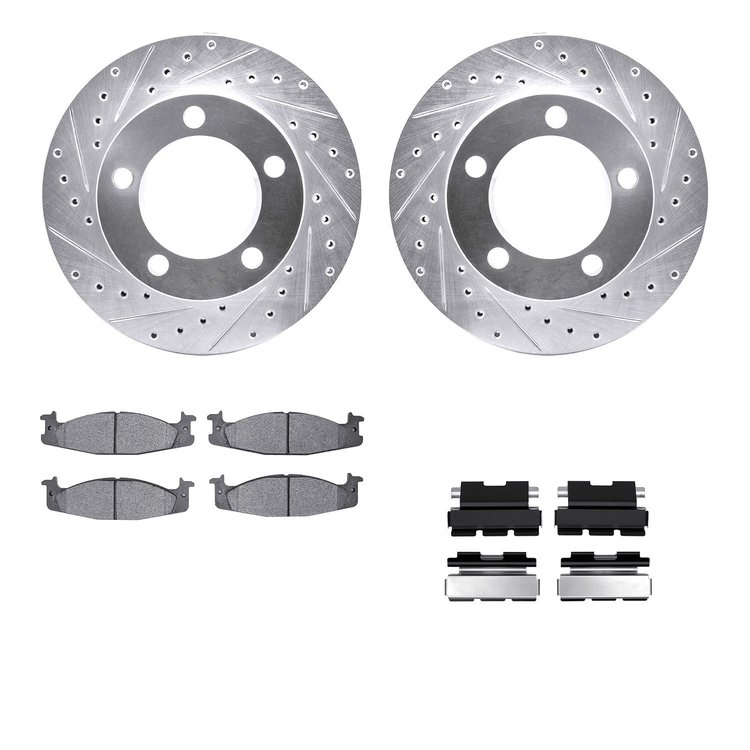 7512-54094 Drilled/Slotted Brake Rotors w/5000 Advanced Brake Pads Kit & Hardware [Silver], 1994-1996 Ford/Lincoln/Mercury/Mazda