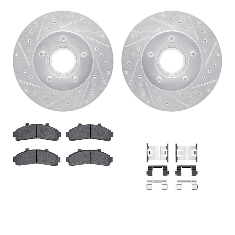 7512-54102 Drilled/Slotted Brake Rotors w/5000 Advanced Brake Pads Kit & Hardware [Silver], 1995-1997 Ford/Lincoln/Mercury/Mazda
