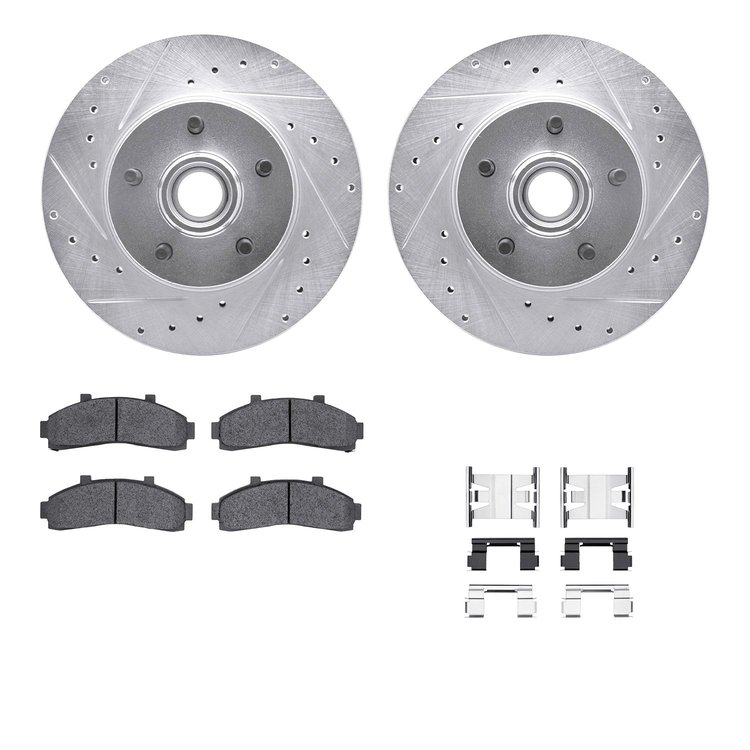 7512-54103 Drilled/Slotted Brake Rotors w/5000 Advanced Brake Pads Kit & Hardware [Silver], 1995-2002 Ford/Lincoln/Mercury/Mazda