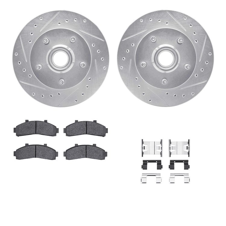 7512-54106 Drilled/Slotted Brake Rotors w/5000 Advanced Brake Pads Kit & Hardware [Silver], 1998-2002 Ford/Lincoln/Mercury/Mazda