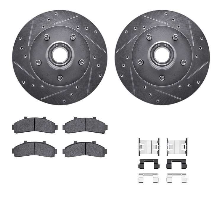 7512-54107 Drilled/Slotted Brake Rotors w/5000 Advanced Brake Pads Kit & Hardware [Silver], 1998-2002 Ford/Lincoln/Mercury/Mazda