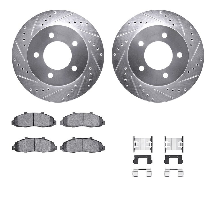 7512-54112 Drilled/Slotted Brake Rotors w/5000 Advanced Brake Pads Kit & Hardware [Silver], 2000-2004 Ford/Lincoln/Mercury/Mazda