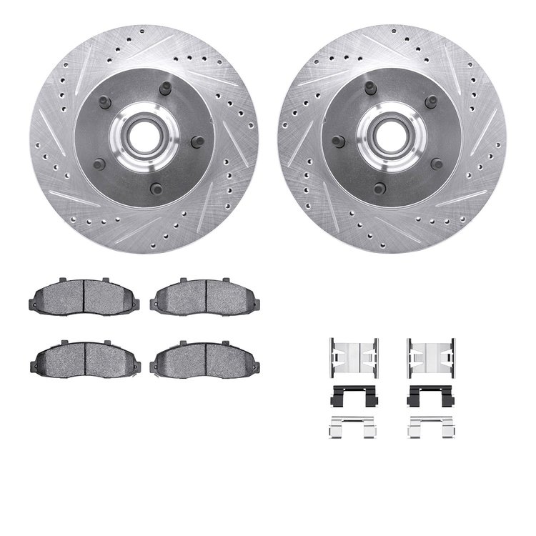 7512-54113 Drilled/Slotted Brake Rotors w/5000 Advanced Brake Pads Kit & Hardware [Silver], 2000-2004 Ford/Lincoln/Mercury/Mazda
