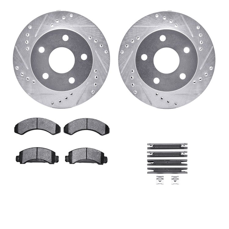7512-54132 Drilled/Slotted Brake Rotors w/5000 Advanced Brake Pads Kit & Hardware [Silver], 1990-1997 Ford/Lincoln/Mercury/Mazda