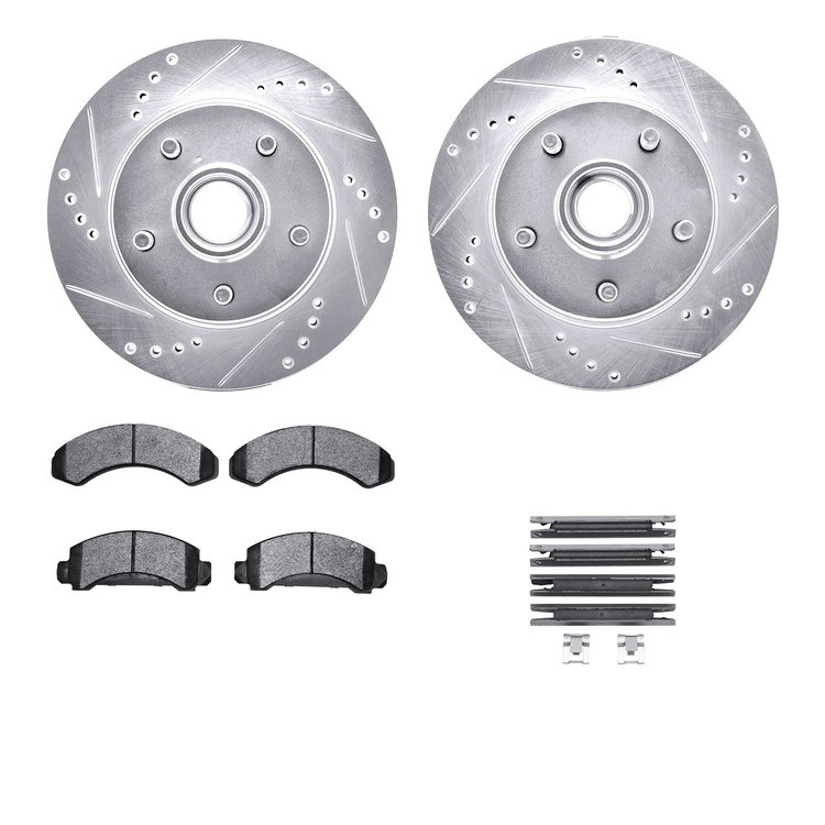 7512-54134 Drilled/Slotted Brake Rotors w/5000 Advanced Brake Pads Kit & Hardware [Silver], 1992-1997 Ford/Lincoln/Mercury/Mazda
