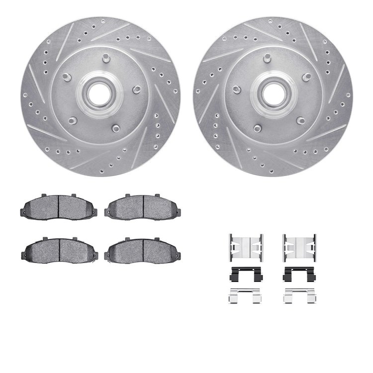 7512-54136 Drilled/Slotted Brake Rotors w/5000 Advanced Brake Pads Kit & Hardware [Silver], 1997-1999 Ford/Lincoln/Mercury/Mazda