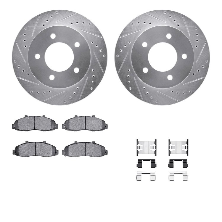 7512-54137 Drilled/Slotted Brake Rotors w/5000 Advanced Brake Pads Kit & Hardware [Silver], 1997-2004 Ford/Lincoln/Mercury/Mazda