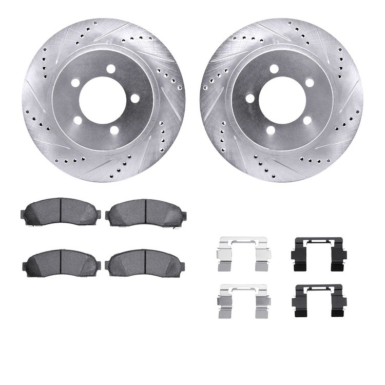 7512-54143 Drilled/Slotted Brake Rotors w/5000 Advanced Brake Pads Kit & Hardware [Silver], 2002-2005 Ford/Lincoln/Mercury/Mazda
