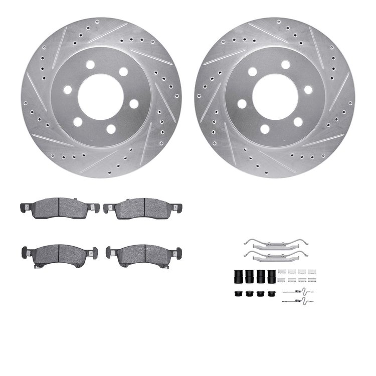7512-54148 Drilled/Slotted Brake Rotors w/5000 Advanced Brake Pads Kit & Hardware [Silver], 2002-2006 Ford/Lincoln/Mercury/Mazda