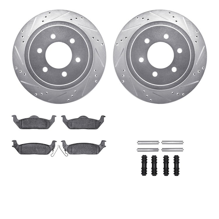 7512-54161 Drilled/Slotted Brake Rotors w/5000 Advanced Brake Pads Kit & Hardware [Silver], 2004-2009 Ford/Lincoln/Mercury/Mazda