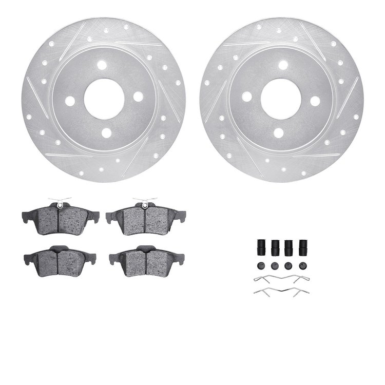 7512-54185 Drilled/Slotted Brake Rotors w/5000 Advanced Brake Pads Kit & Hardware [Silver], Fits Select Ford/Lincoln/Mercury/Maz