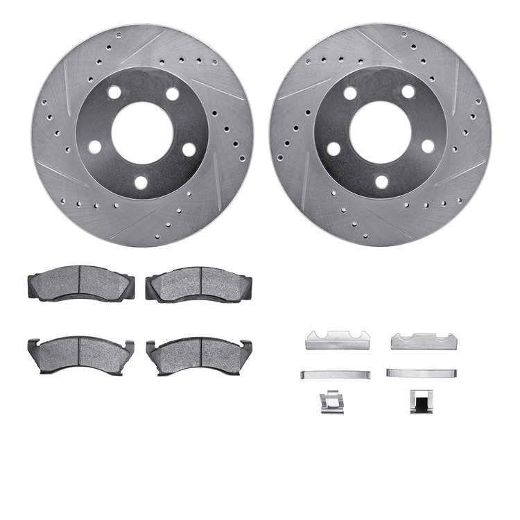 7512-54219 Drilled/Slotted Brake Rotors w/5000 Advanced Brake Pads Kit & Hardware [Silver], 1975-1979 Ford/Lincoln/Mercury/Mazda