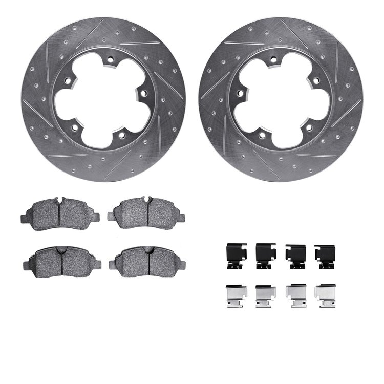 7512-54221 Drilled/Slotted Brake Rotors w/5000 Advanced Brake Pads Kit & Hardware [Silver], 2015-2019 Ford/Lincoln/Mercury/Mazda