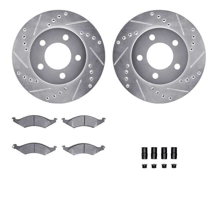 7512-54301 Drilled/Slotted Brake Rotors w/5000 Advanced Brake Pads Kit & Hardware [Silver], 1991-1992 Ford/Lincoln/Mercury/Mazda