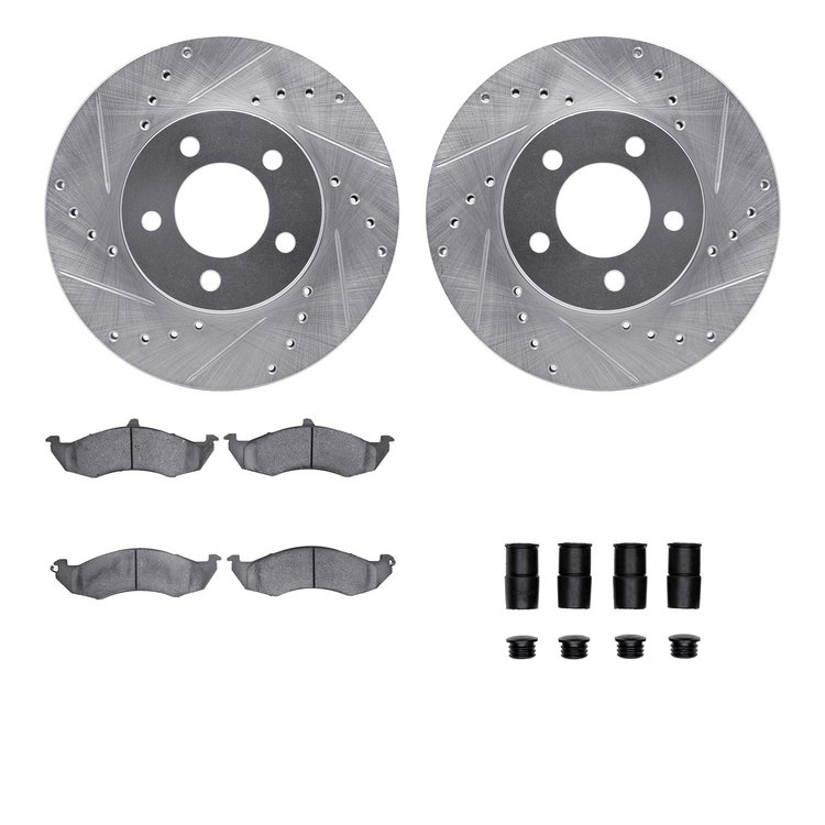 7512-54346 Drilled/Slotted Brake Rotors w/5000 Advanced Brake Pads Kit & Hardware [Silver], 1991-1992 Ford/Lincoln/Mercury/Mazda
