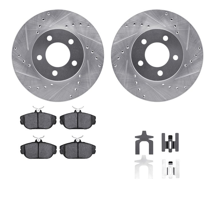 7512-54348 Drilled/Slotted Brake Rotors w/5000 Advanced Brake Pads Kit & Hardware [Silver], 1993-1998 Ford/Lincoln/Mercury/Mazda