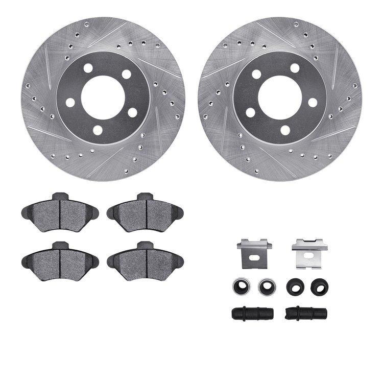 7512-54354 Drilled/Slotted Brake Rotors w/5000 Advanced Brake Pads Kit & Hardware [Silver], 1993-1997 Ford/Lincoln/Mercury/Mazda