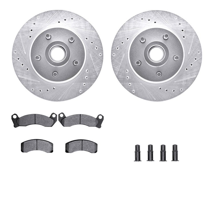 7512-55000 Drilled/Slotted Brake Rotors w/5000 Advanced Brake Pads Kit & Hardware [Silver], 1987-1992 Ford/Lincoln/Mercury/Mazda