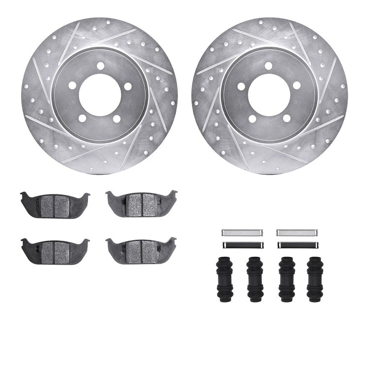 7512-55006 Drilled/Slotted Brake Rotors w/5000 Advanced Brake Pads Kit & Hardware [Silver], 2003-2005 Ford/Lincoln/Mercury/Mazda