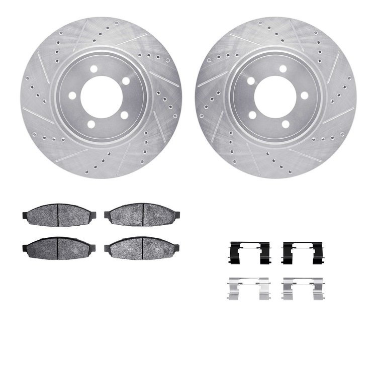 7512-55007 Drilled/Slotted Brake Rotors w/5000 Advanced Brake Pads Kit & Hardware [Silver], 2003-2005 Ford/Lincoln/Mercury/Mazda