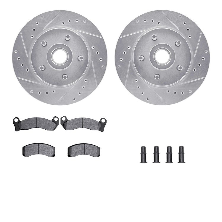 7512-55014 Drilled/Slotted Brake Rotors w/5000 Advanced Brake Pads Kit & Hardware [Silver], 1984-1987 Ford/Lincoln/Mercury/Mazda