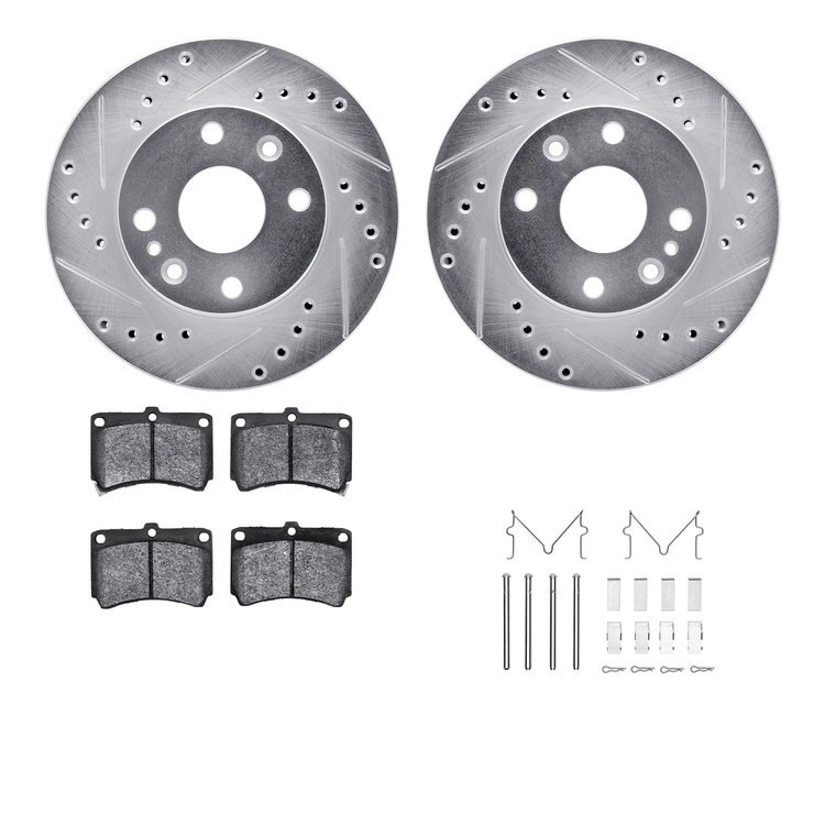 7512-55022 Drilled/Slotted Brake Rotors w/5000 Advanced Brake Pads Kit & Hardware [Silver], 1994-1997 Ford/Lincoln/Mercury/Mazda