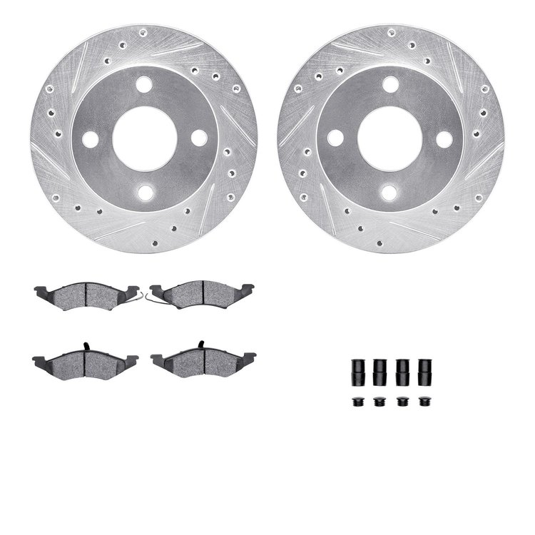 7512-55031 Drilled/Slotted Brake Rotors w/5000 Advanced Brake Pads Kit & Hardware [Silver], 1983-1994 Ford/Lincoln/Mercury/Mazda