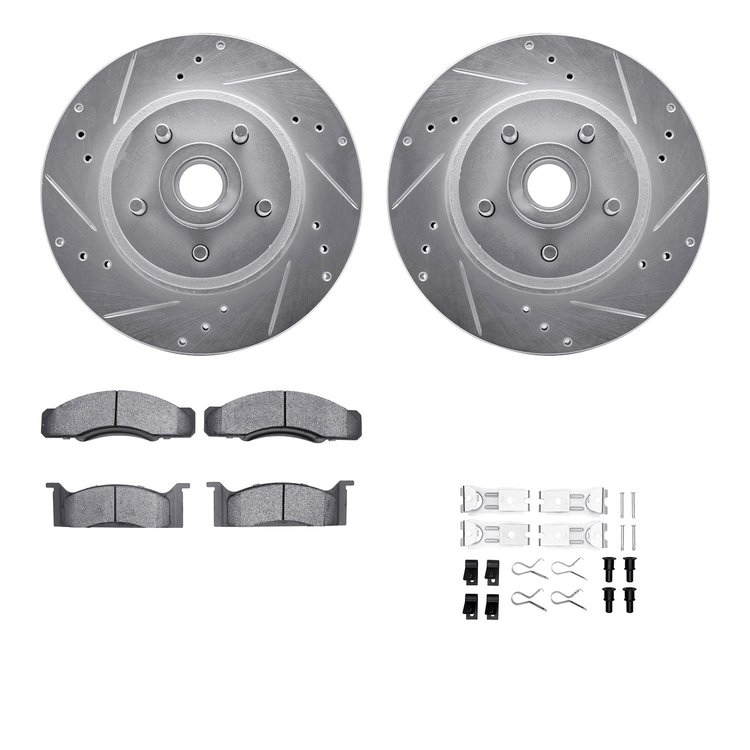 7512-55037 Drilled/Slotted Brake Rotors w/5000 Advanced Brake Pads Kit & Hardware [Silver], 1970-1972 Ford/Lincoln/Mercury/Mazda