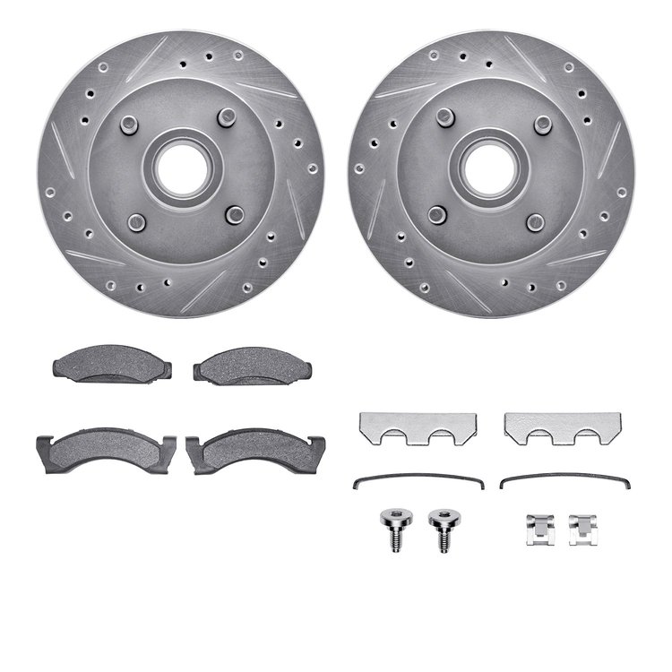 7512-55046 Drilled/Slotted Brake Rotors w/5000 Advanced Brake Pads Kit & Hardware [Silver], 1974-1980 Ford/Lincoln/Mercury/Mazda