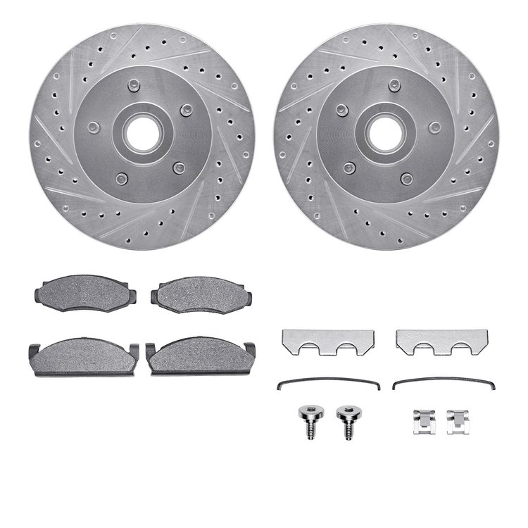 7512-55052 Drilled/Slotted Brake Rotors w/5000 Advanced Brake Pads Kit & Hardware [Silver], 1974-1980 Ford/Lincoln/Mercury/Mazda