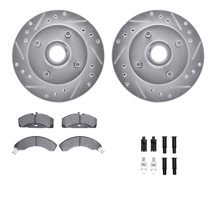 7512-55063 Drilled/Slotted Brake Rotors w/5000 Advanced Brake Pads Kit & Hardware [Silver], 1979-1981 Ford/Lincoln/Mercury/Mazda