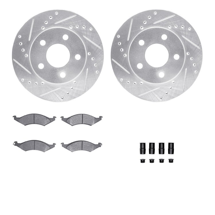7512-55081 Drilled/Slotted Brake Rotors w/5000 Advanced Brake Pads Kit & Hardware [Silver], 1986-1992 Ford/Lincoln/Mercury/Mazda