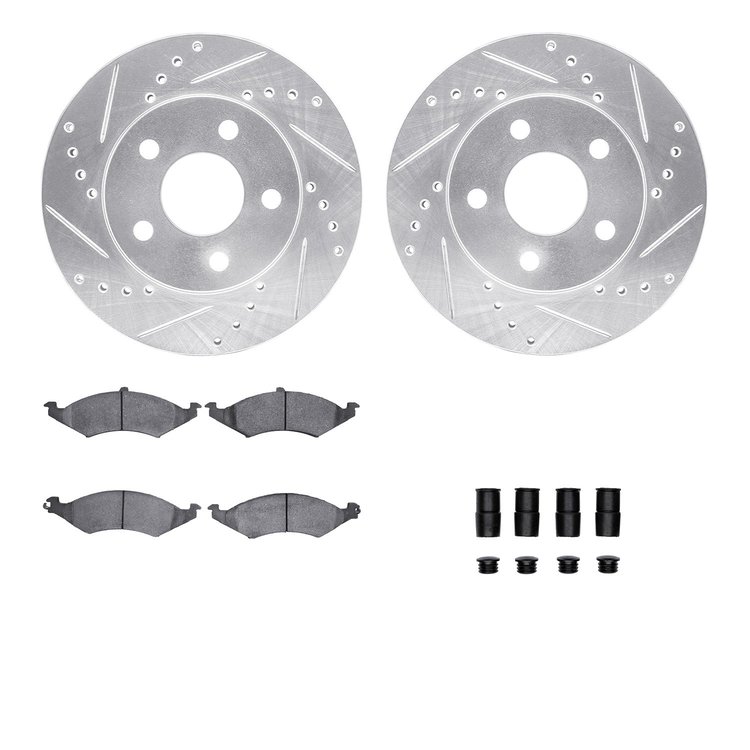 7512-55082 Drilled/Slotted Brake Rotors w/5000 Advanced Brake Pads Kit & Hardware [Silver], 1986-1992 Ford/Lincoln/Mercury/Mazda
