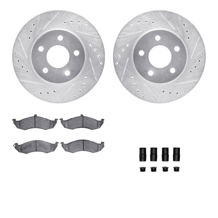 7512-55099 Drilled/Slotted Brake Rotors w/5000 Advanced Brake Pads Kit & Hardware [Silver], 1989-1990 Ford/Lincoln/Mercury/Mazda