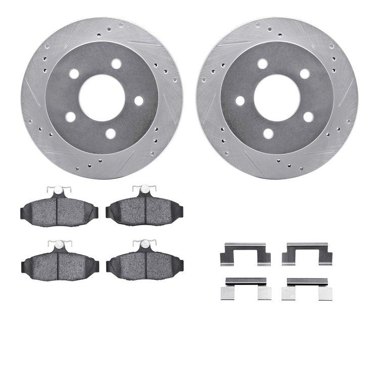 7512-55859 Drilled/Slotted Brake Rotors w/5000 Advanced Brake Pads Kit & Hardware [Silver], 1991-1992 Ford/Lincoln/Mercury/Mazda