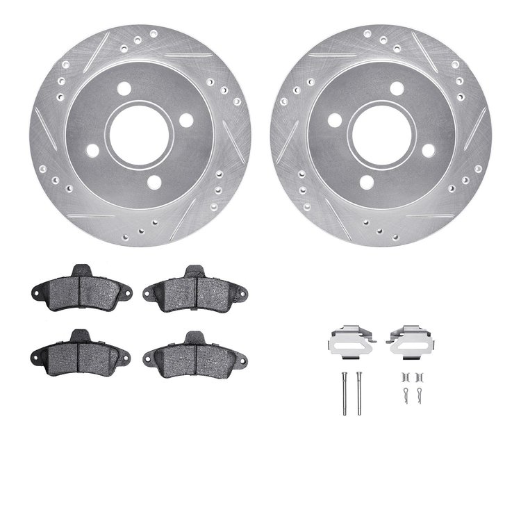 7512-56005 Drilled/Slotted Brake Rotors w/5000 Advanced Brake Pads Kit & Hardware [Silver], 1995-2000 Ford/Lincoln/Mercury/Mazda