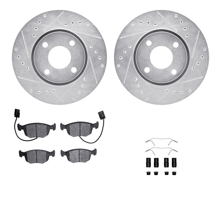 7512-56008 Drilled/Slotted Brake Rotors w/5000 Advanced Brake Pads Kit & Hardware [Silver], 1998-1999 Ford/Lincoln/Mercury/Mazda