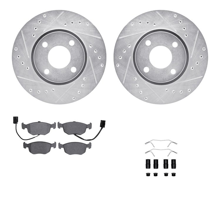 7512-56009 Drilled/Slotted Brake Rotors w/5000 Advanced Brake Pads Kit & Hardware [Silver], 1999-2000 Ford/Lincoln/Mercury/Mazda