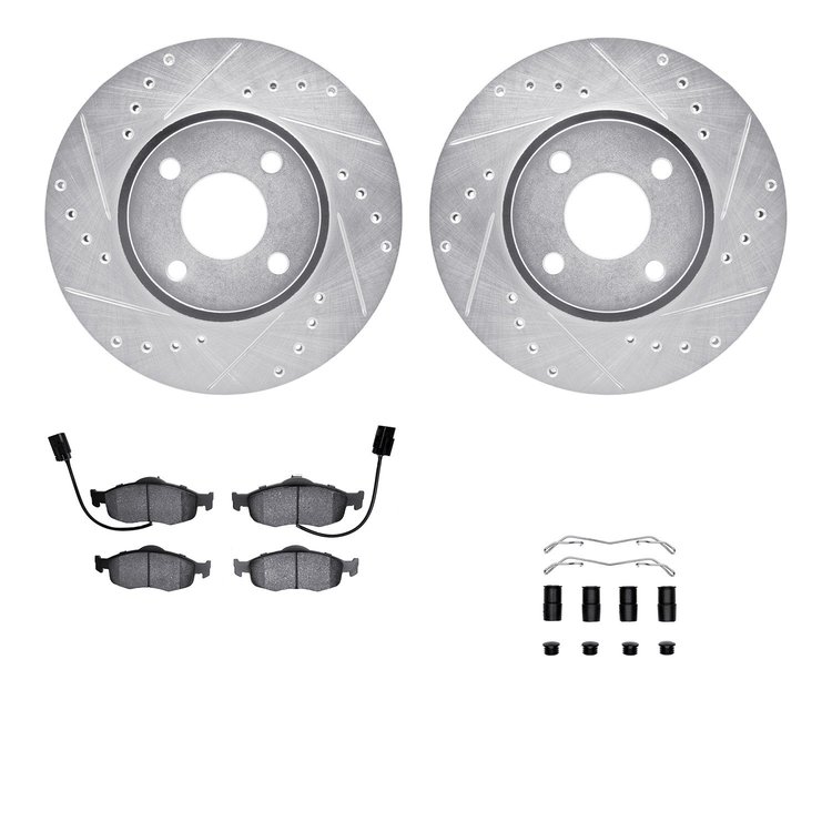 7512-56010 Drilled/Slotted Brake Rotors w/5000 Advanced Brake Pads Kit & Hardware [Silver], 1998-2002 Ford/Lincoln/Mercury/Mazda