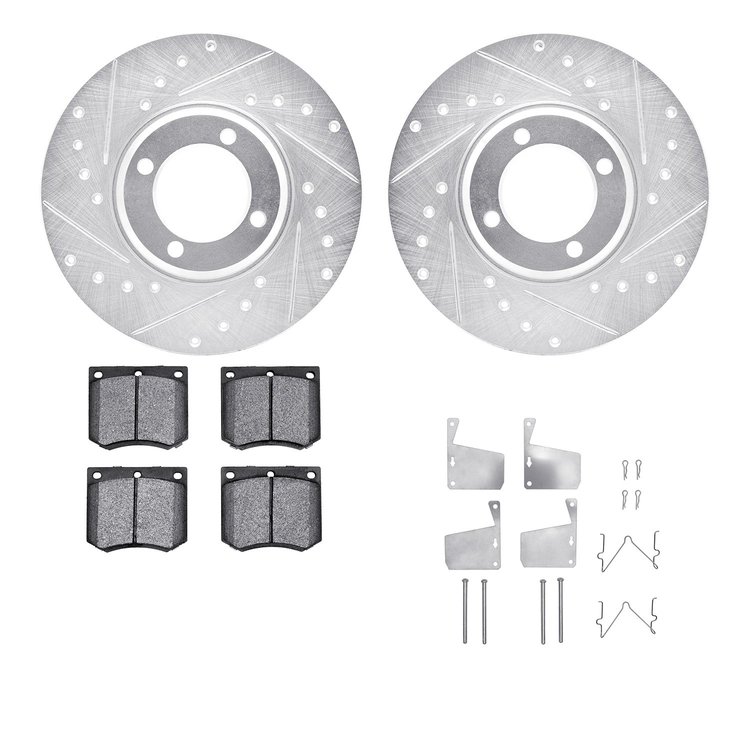 7512-56011 Drilled/Slotted Brake Rotors w/5000 Advanced Brake Pads Kit & Hardware [Silver], 1970-1977 Ford/Lincoln/Mercury/Mazda