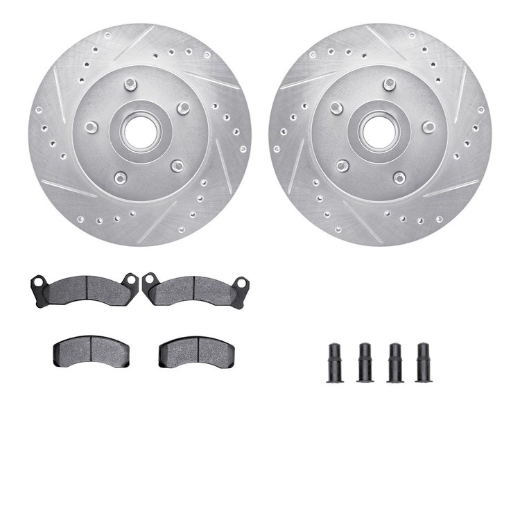 7512-56034 Drilled/Slotted Brake Rotors w/5000 Advanced Brake Pads Kit & Hardware [Silver], 1981-1991 Ford/Lincoln/Mercury/Mazda