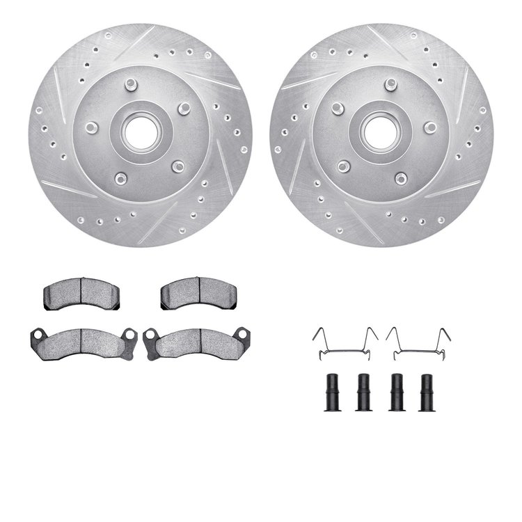 7512-56036 Drilled/Slotted Brake Rotors w/5000 Advanced Brake Pads Kit & Hardware [Silver], 1979-1991 Ford/Lincoln/Mercury/Mazda
