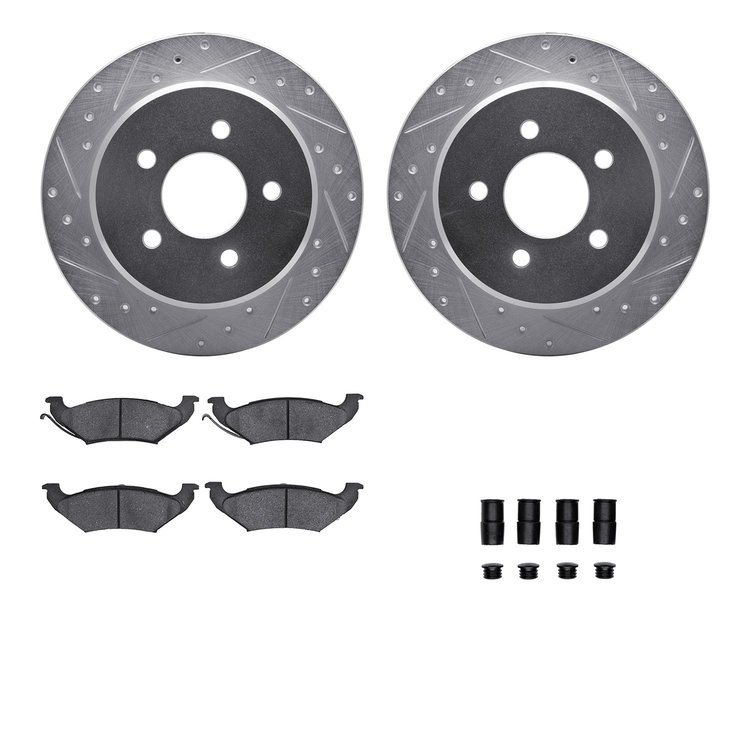 7512-56046 Drilled/Slotted Brake Rotors w/5000 Advanced Brake Pads Kit & Hardware [Silver], 1992-1995 Ford/Lincoln/Mercury/Mazda
