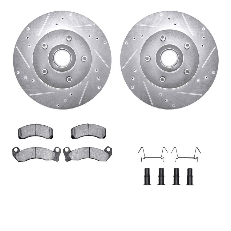 7512-56053 Drilled/Slotted Brake Rotors w/5000 Advanced Brake Pads Kit & Hardware [Silver], 1990-1991 Ford/Lincoln/Mercury/Mazda
