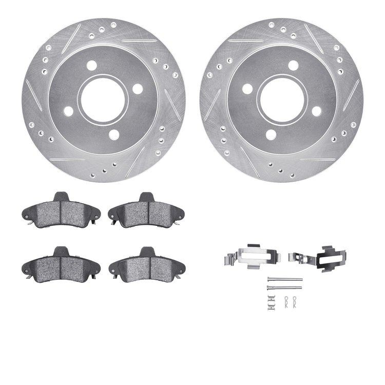 7512-56069 Drilled/Slotted Brake Rotors w/5000 Advanced Brake Pads Kit & Hardware [Silver], 1995-2002 Ford/Lincoln/Mercury/Mazda