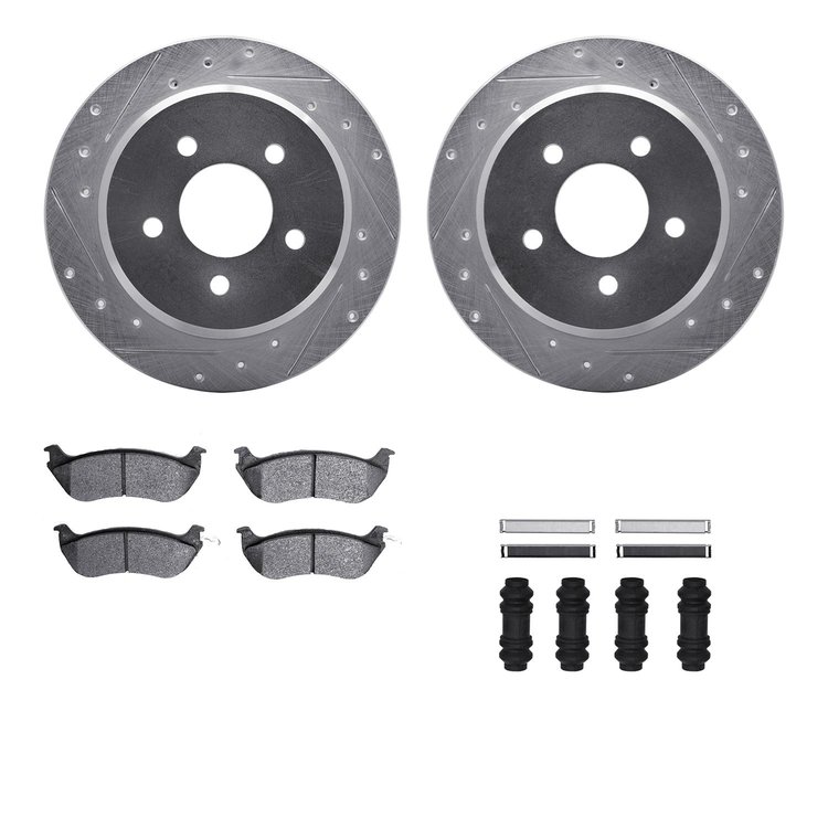 7512-56076 Drilled/Slotted Brake Rotors w/5000 Advanced Brake Pads Kit & Hardware [Silver], 1996-2002 Ford/Lincoln/Mercury/Mazda
