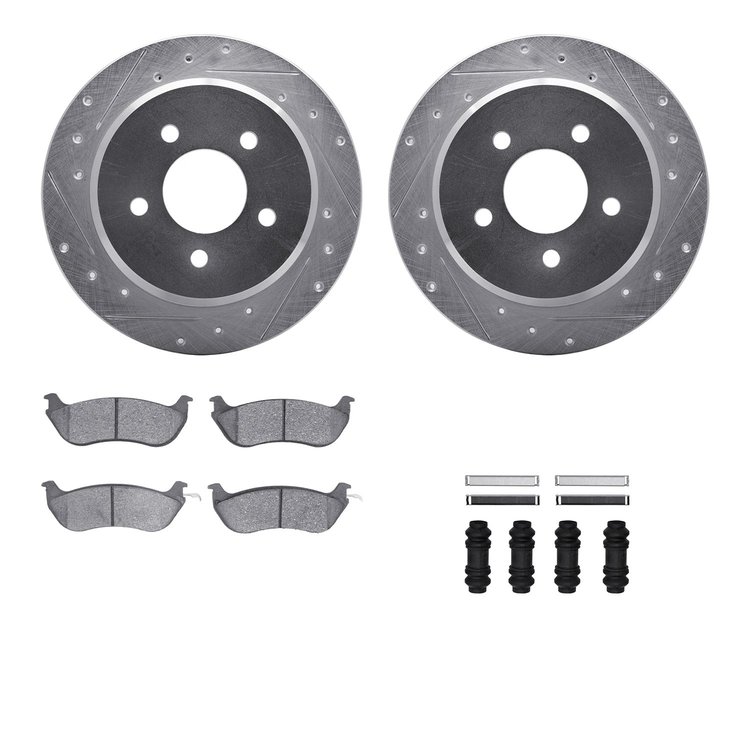 7512-56077 Drilled/Slotted Brake Rotors w/5000 Advanced Brake Pads Kit & Hardware [Silver], 1996-2002 Ford/Lincoln/Mercury/Mazda